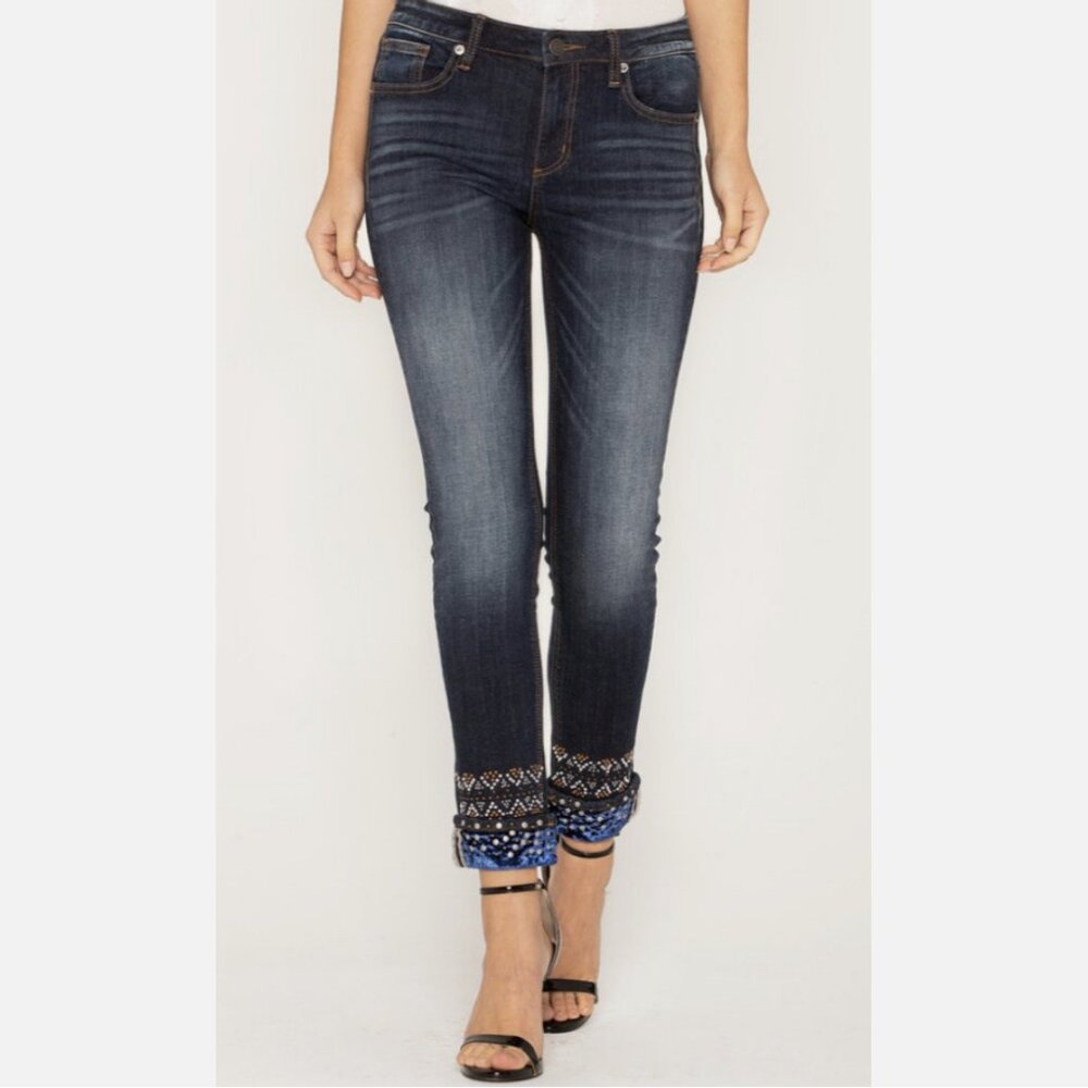 Miss Me Blue Velvet Cuffed Ankle Skinny Jeans